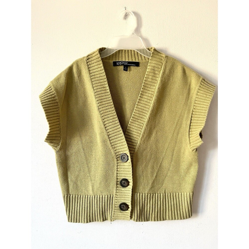 Kasper 100% Cotton Sweater Vest Cardigan Olive Chartreuse L Quiet Luxury